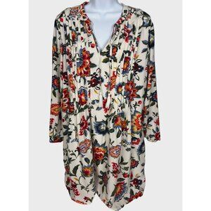 Old Navy Top Women Size L White Orange Red Flowers Tassels V neck Long Sleeves